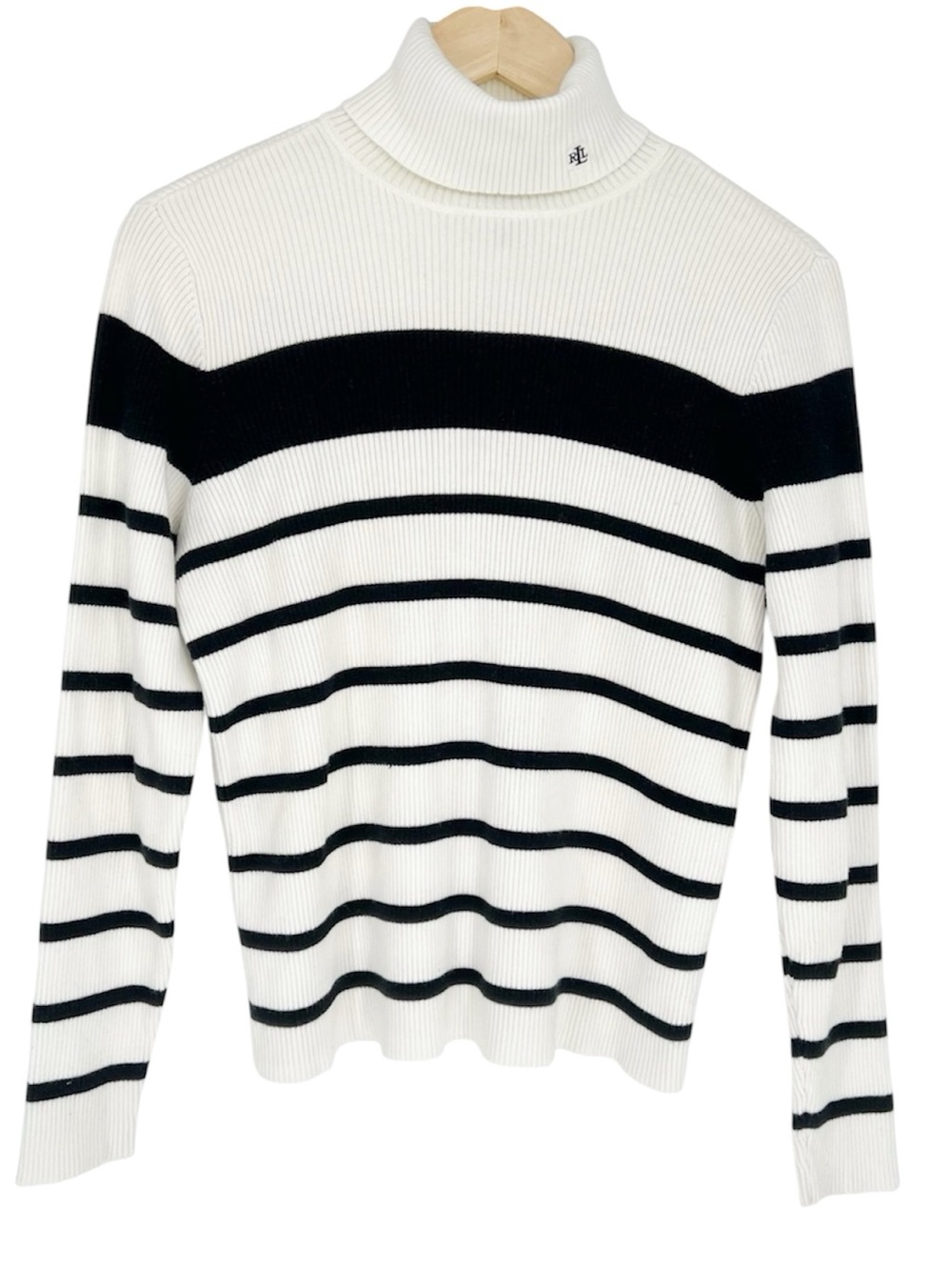 Ralph Lauren Cream and Black Striped‎ Branded Rib-Knit Turtleneck Sweater